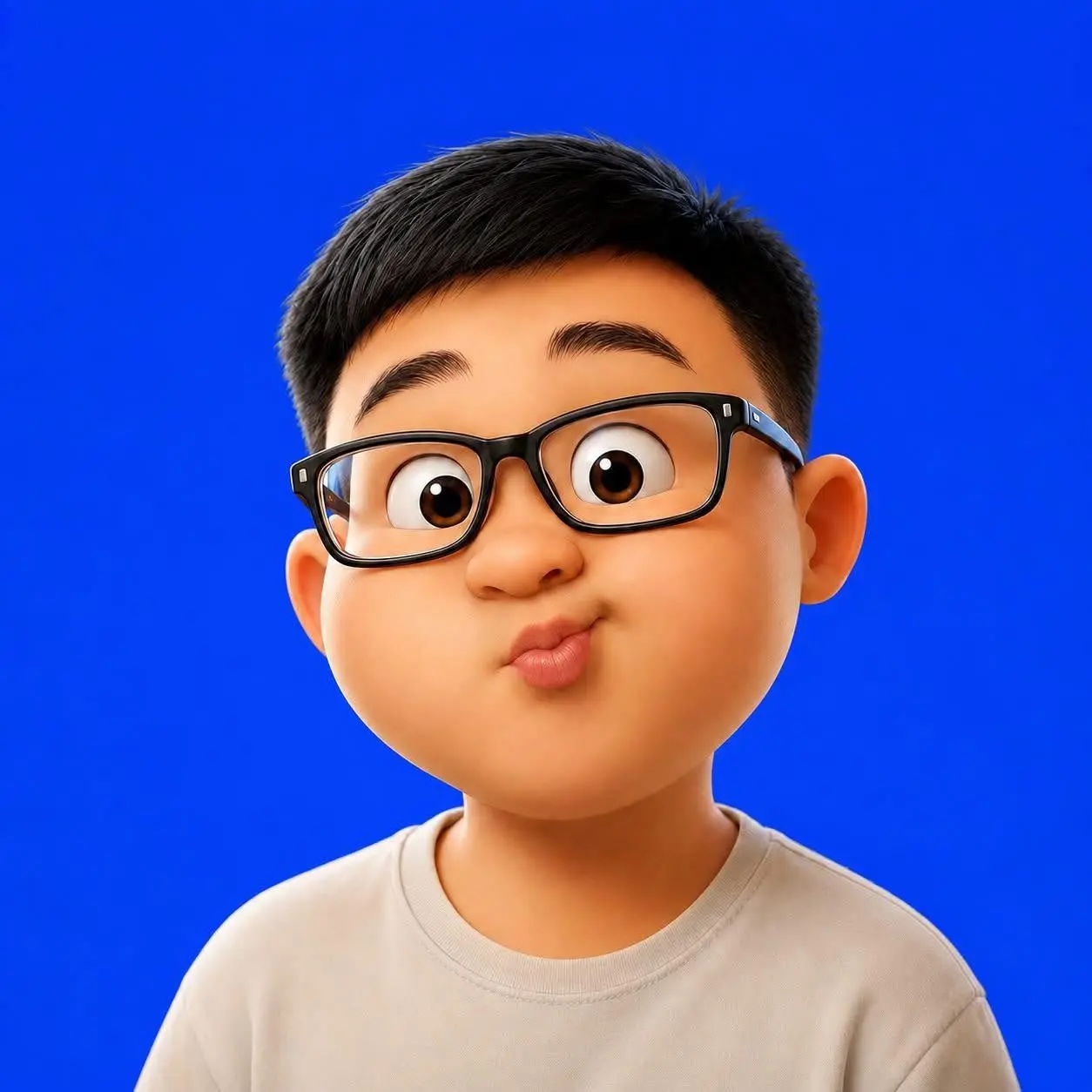 Chân dung 3D Xuân Vấn đeo kính trên nền xanh