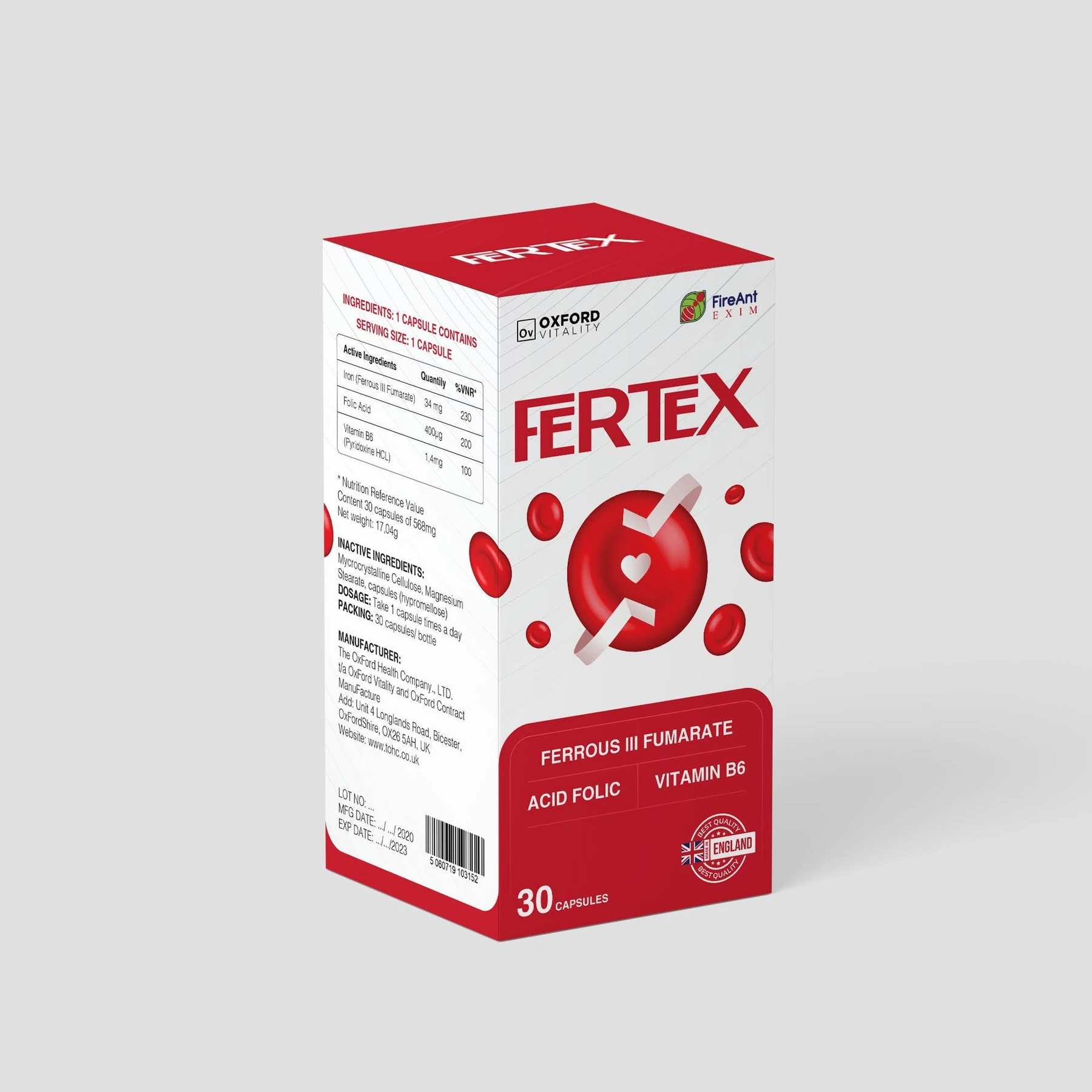 Mockup hộp FERTEX màu trắng và đỏ trên nền xám