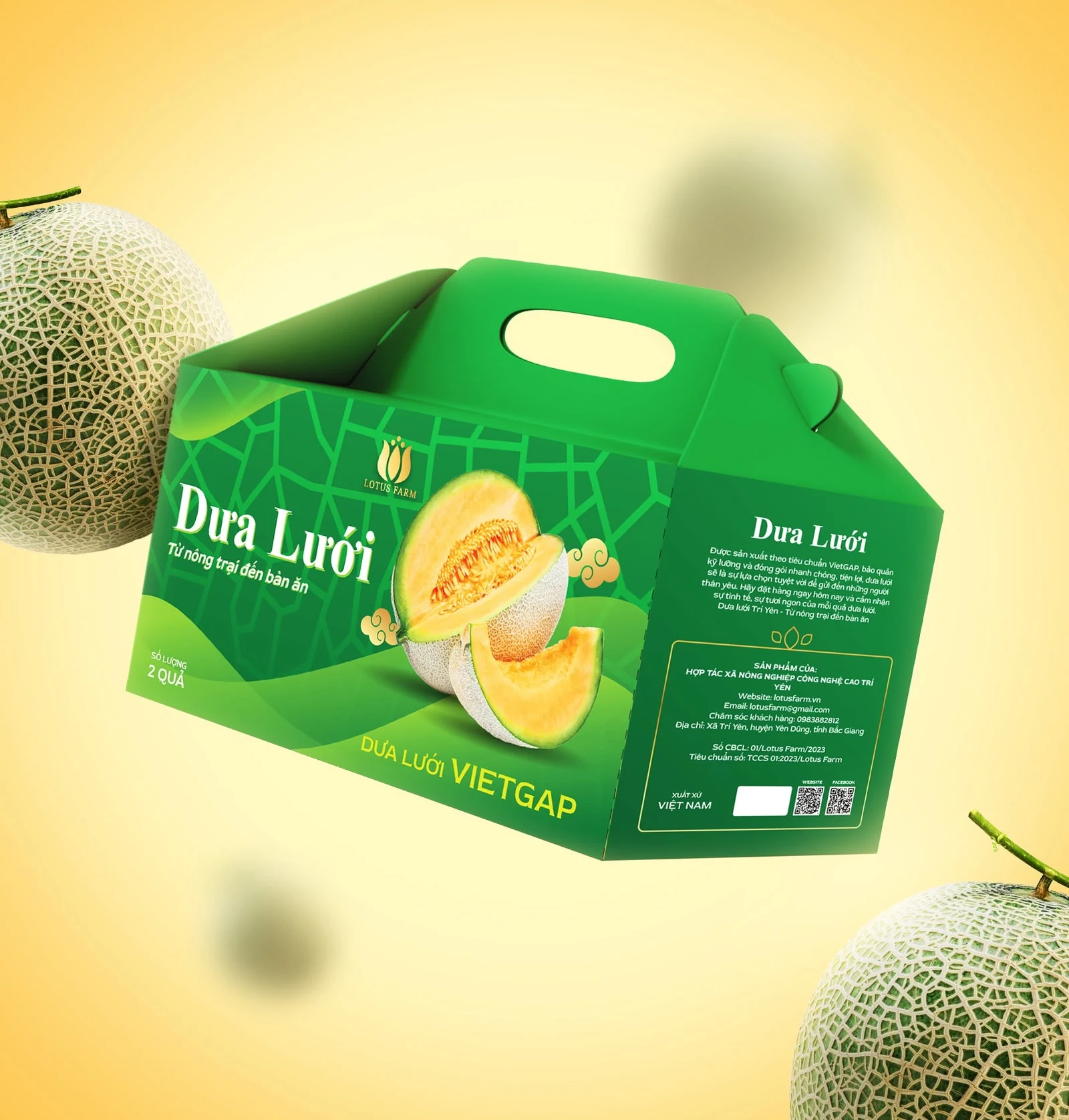 Mockup hộp dưa lưới Lotus Farm màu xanh trên nền vàng