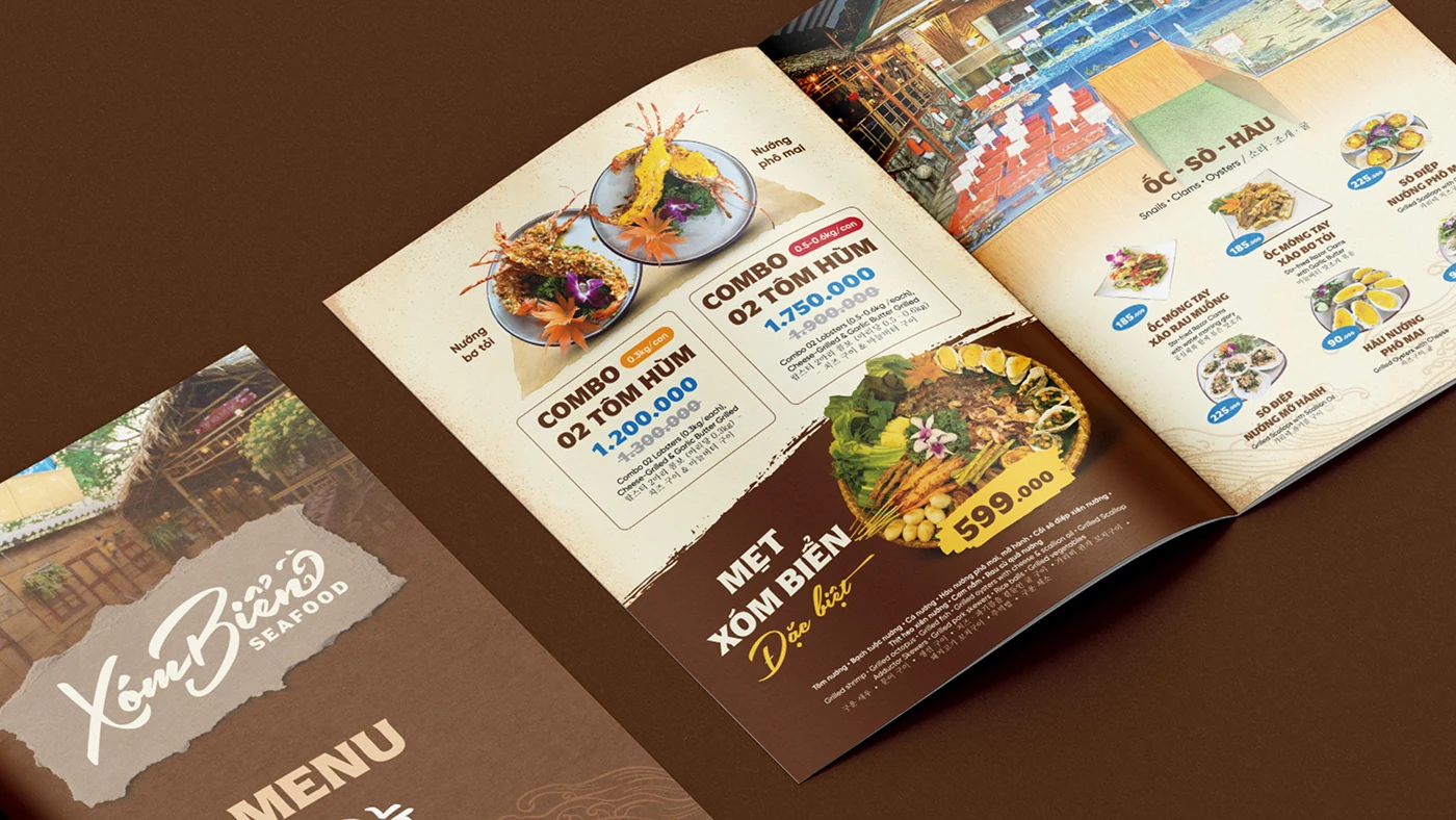 Mockup menu Xóm Biển Seafood
